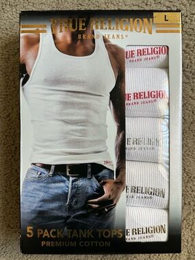 True Religion Ribbed Tank Tops Men’s Large White 5 Pack Premium Cotton NWT